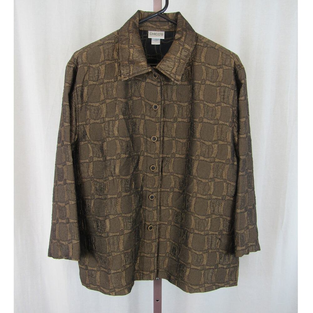 Chico's Size 1 Medium Brown Gold Shirt Jacket Shacket Button up Collared Funky